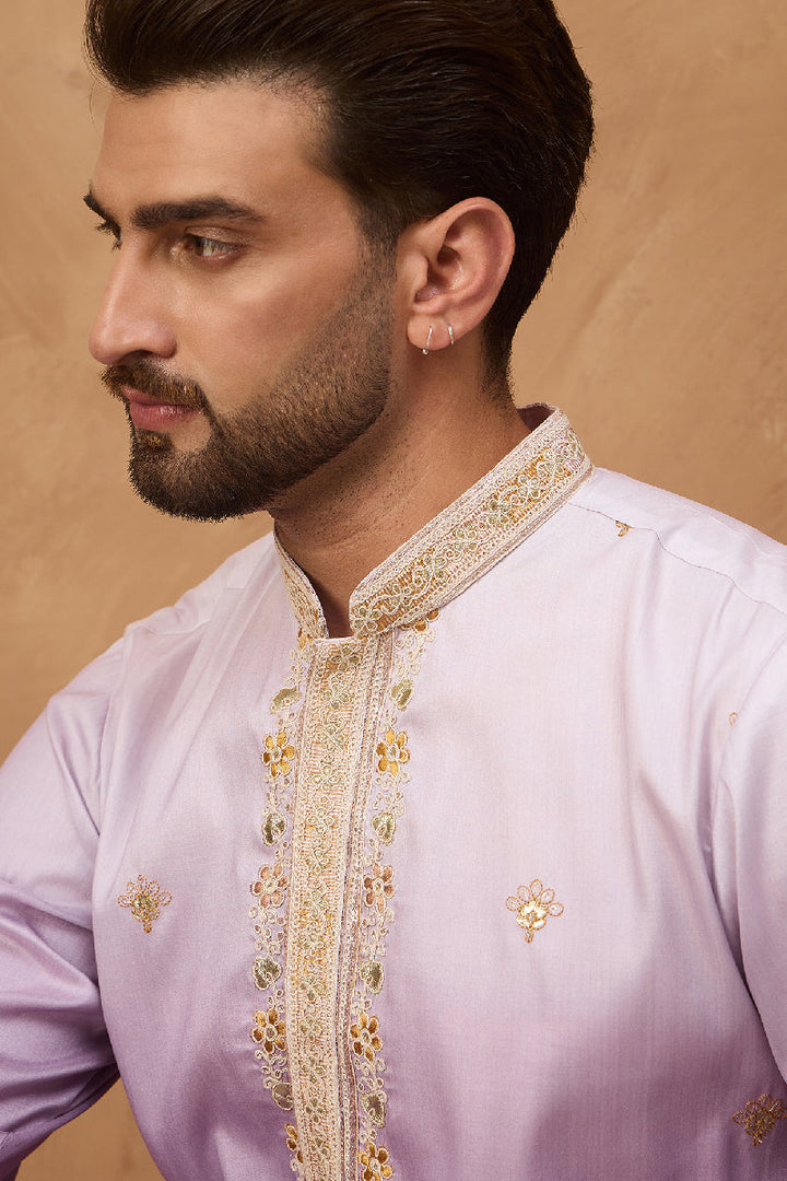 Purple Silk Blend Solid Embroidered Straight Kurta With Pant Set | SHOBITAM