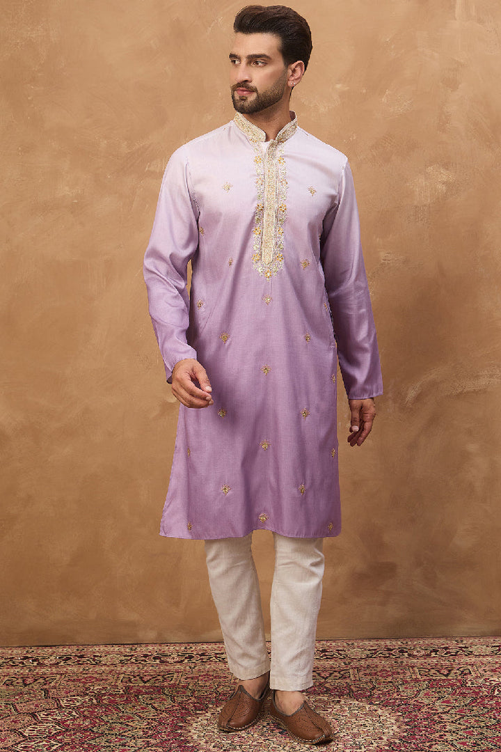 Purple Silk Blend Solid Embroidered Straight Kurta With Pant Set | SHOBITAM