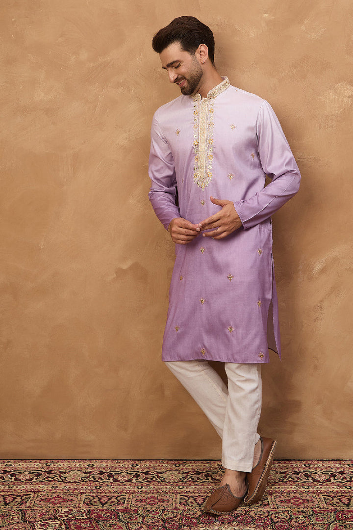 Purple Silk Blend Solid Embroidered Straight Kurta With Pant Set | SHOBITAM