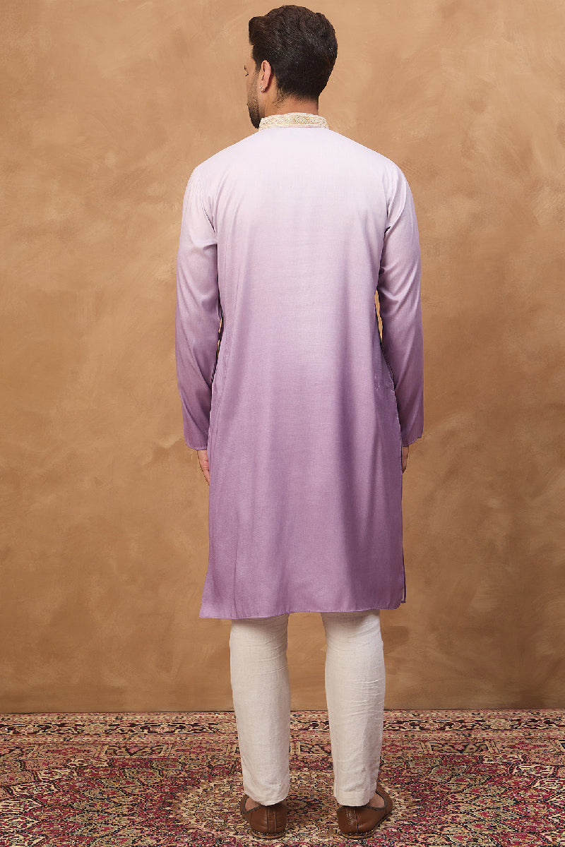 Purple Silk Blend Solid Embroidered Straight Kurta With Pant Set | SHOBITAM