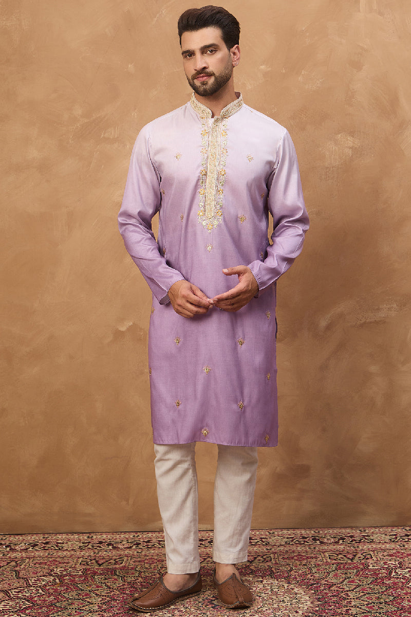 Purple Silk Blend Solid Embroidered Straight Kurta With Pant Set | SHOBITAM