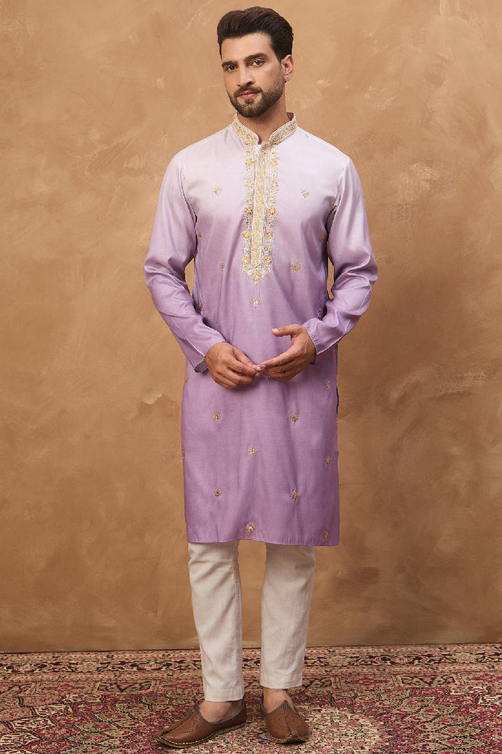 Purple Silk Blend Solid Embroidered Straight Kurta With Pant Set | SHOBITAM