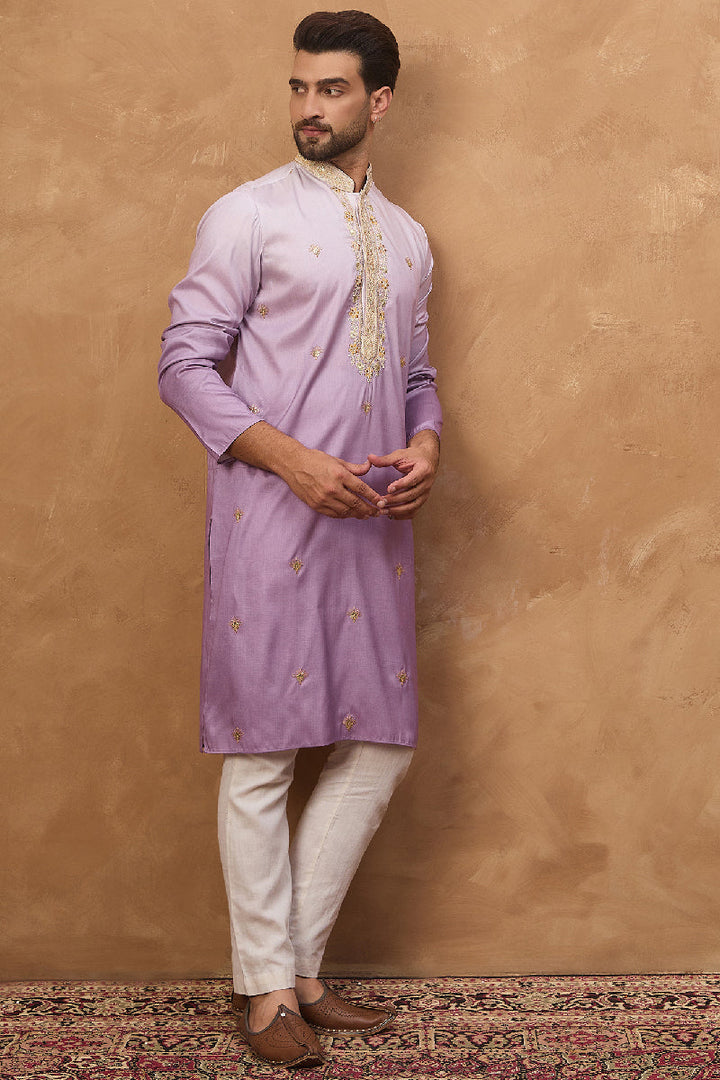 Purple Silk Blend Solid Embroidered Straight Kurta With Pant Set | SHOBITAM