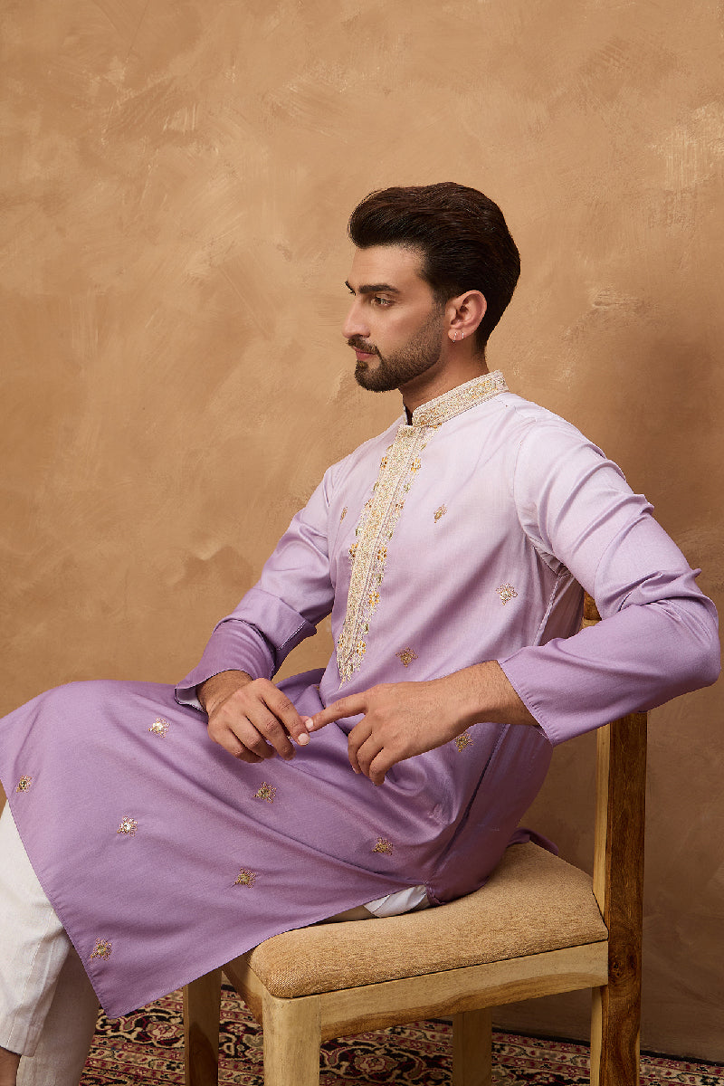 Purple Silk Blend Solid Embroidered Straight Kurta With Pant Set | SHOBITAM