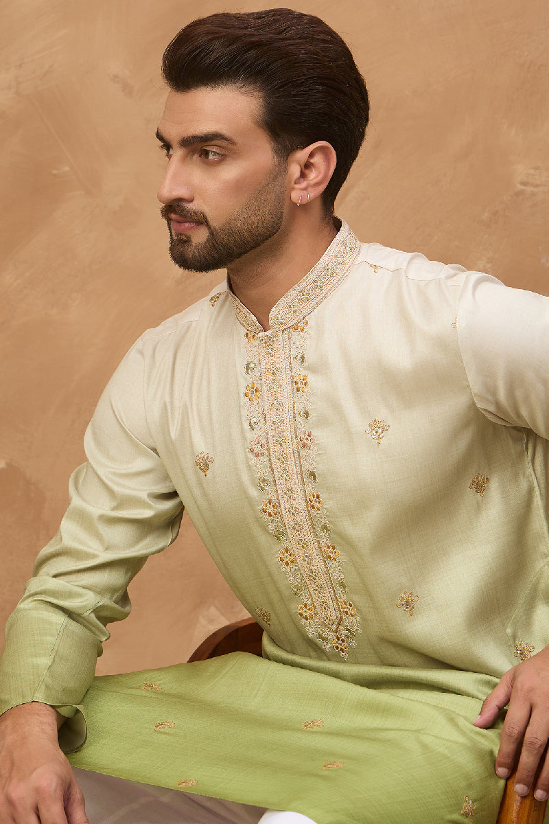 Green Silk Blend Solid Embroidered Straight Kurta With Pant Set | SHOBITAM