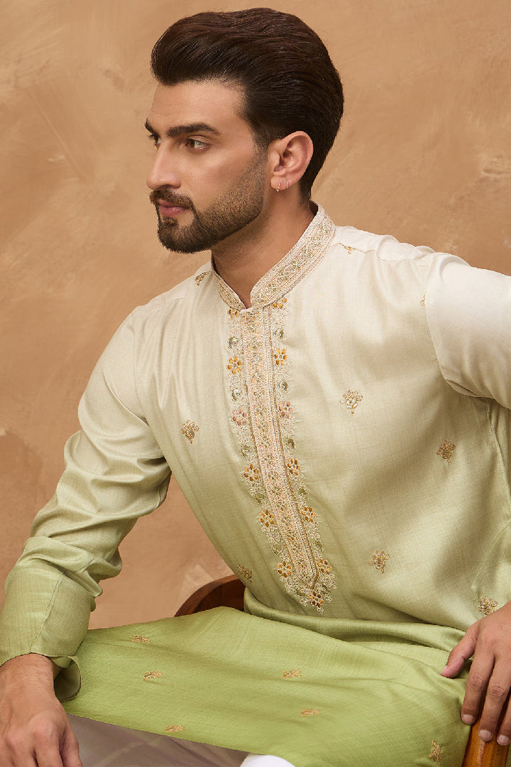 Green Silk Blend Solid Embroidered Straight Kurta With Pant Set | SHOBITAM