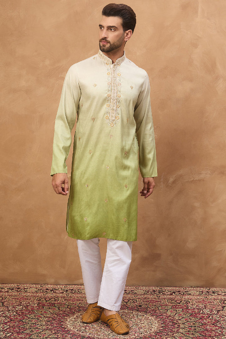 Green Silk Blend Solid Embroidered Straight Kurta With Pant Set | SHOBITAM