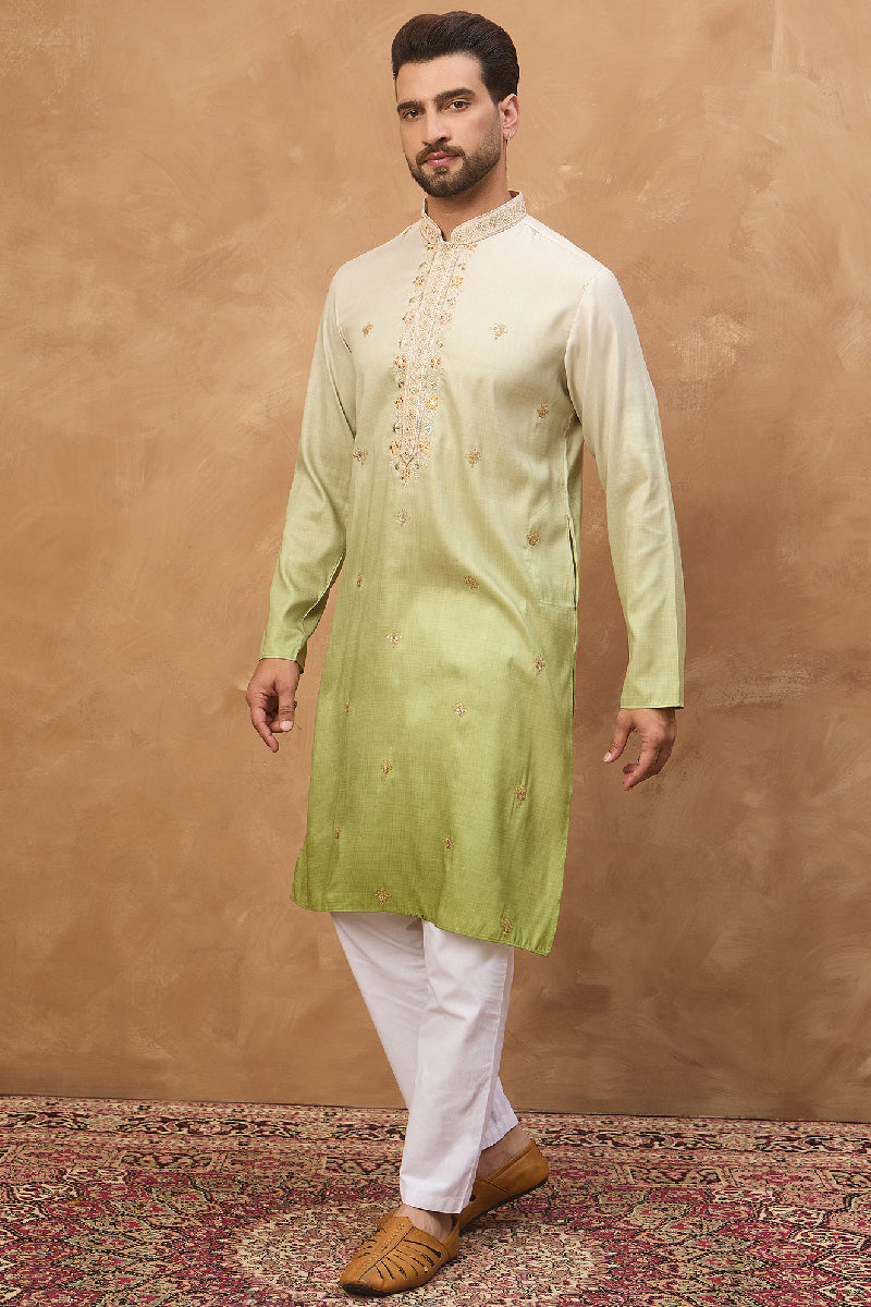 Green Silk Blend Solid Embroidered Straight Kurta With Pant Set | SHOBITAM