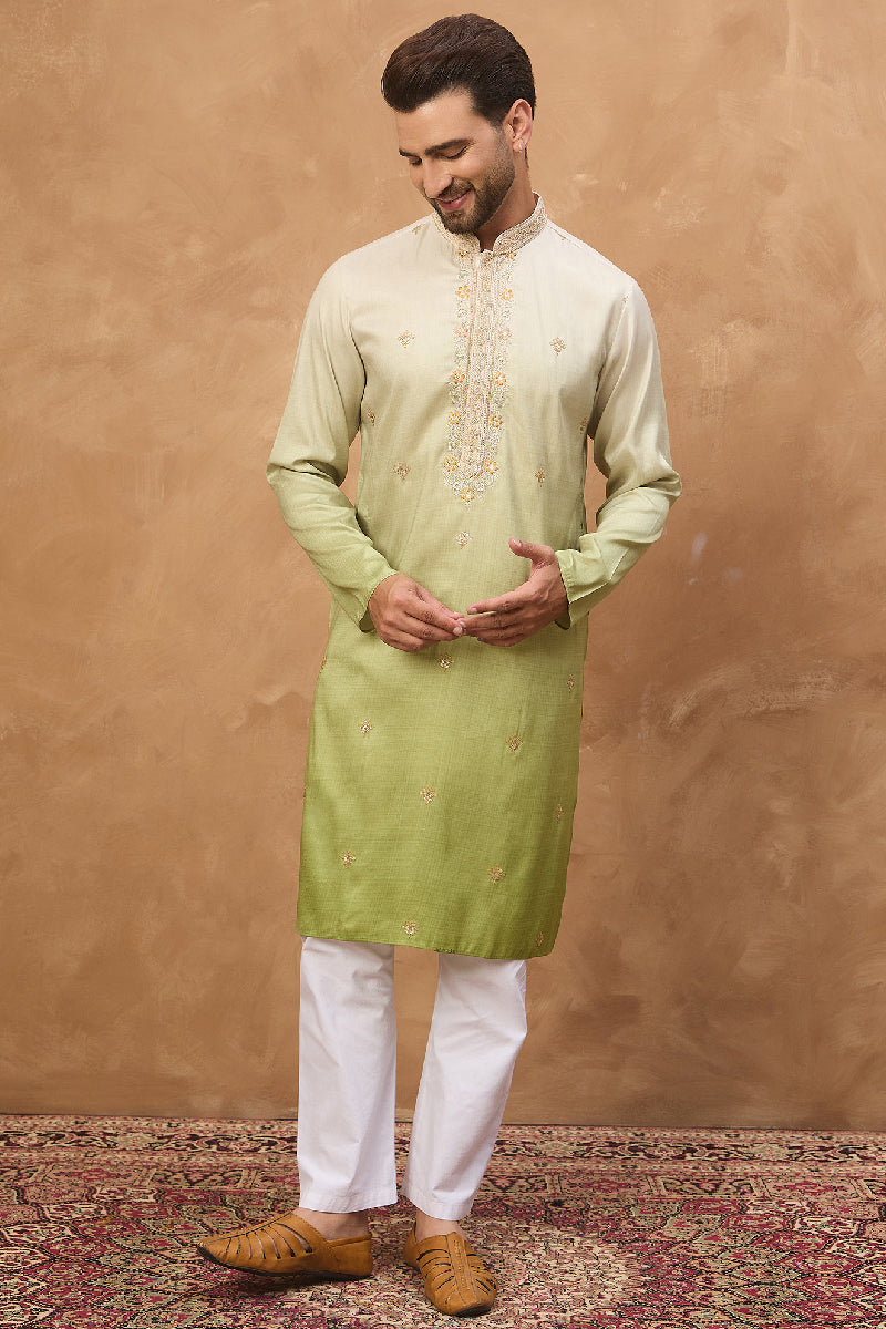 Green Silk Blend Solid Embroidered Straight Kurta With Pant Set | SHOBITAM