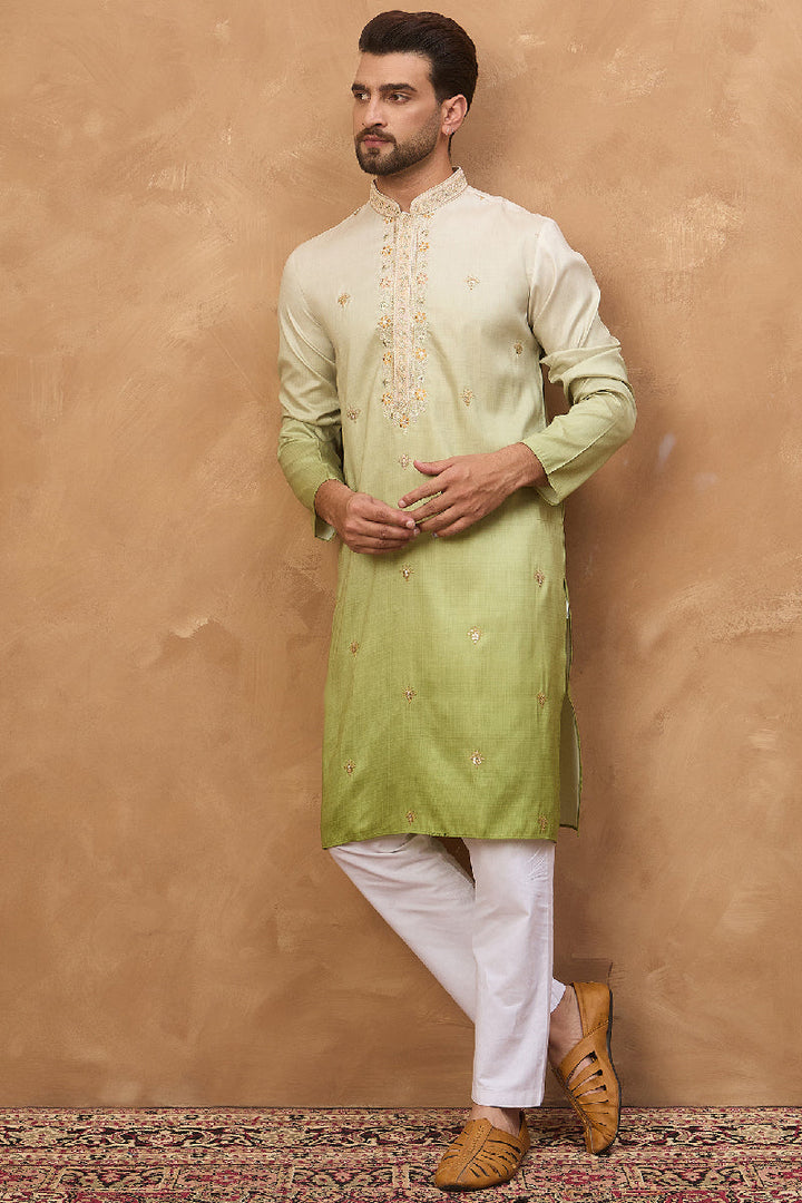 Green Silk Blend Solid Embroidered Straight Kurta With Pant Set | SHOBITAM