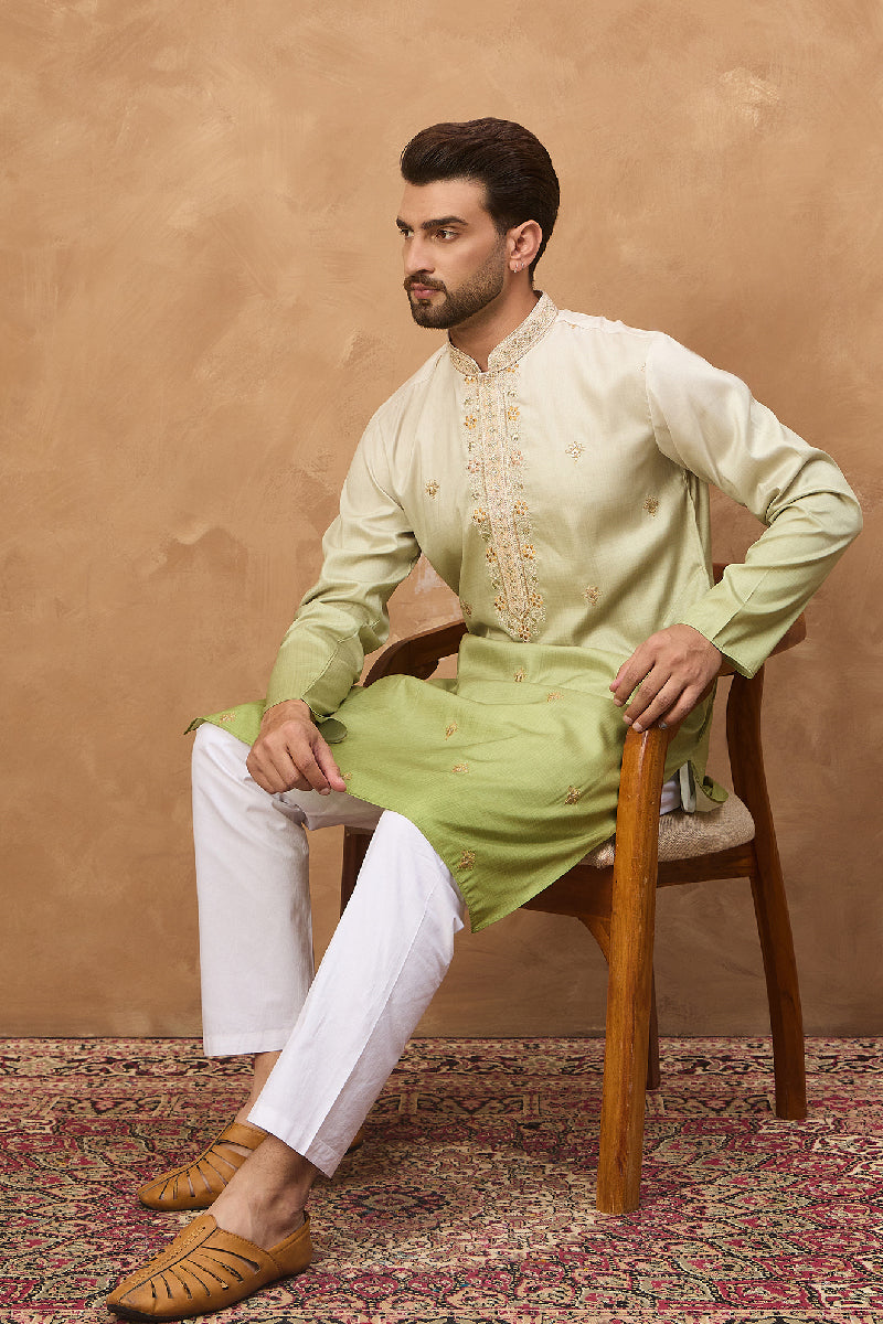 Green Silk Blend Solid Embroidered Straight Kurta With Pant Set | SHOBITAM