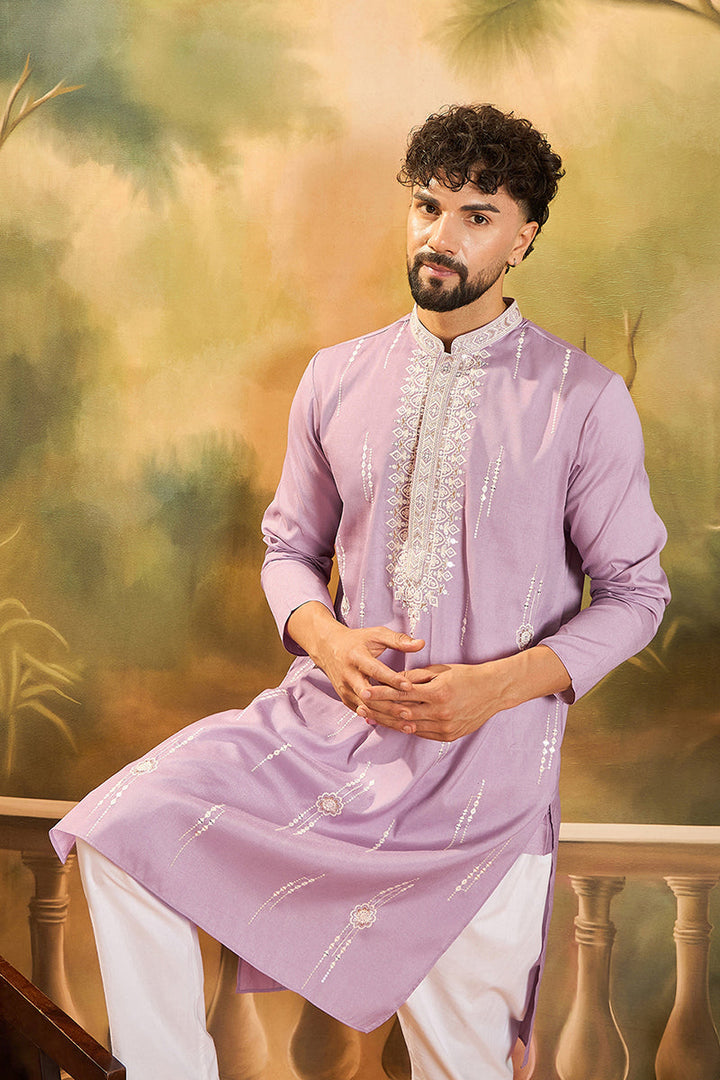 Lavender Silk Blend Solid Embroidered Straight Kurta | SHOBITAM