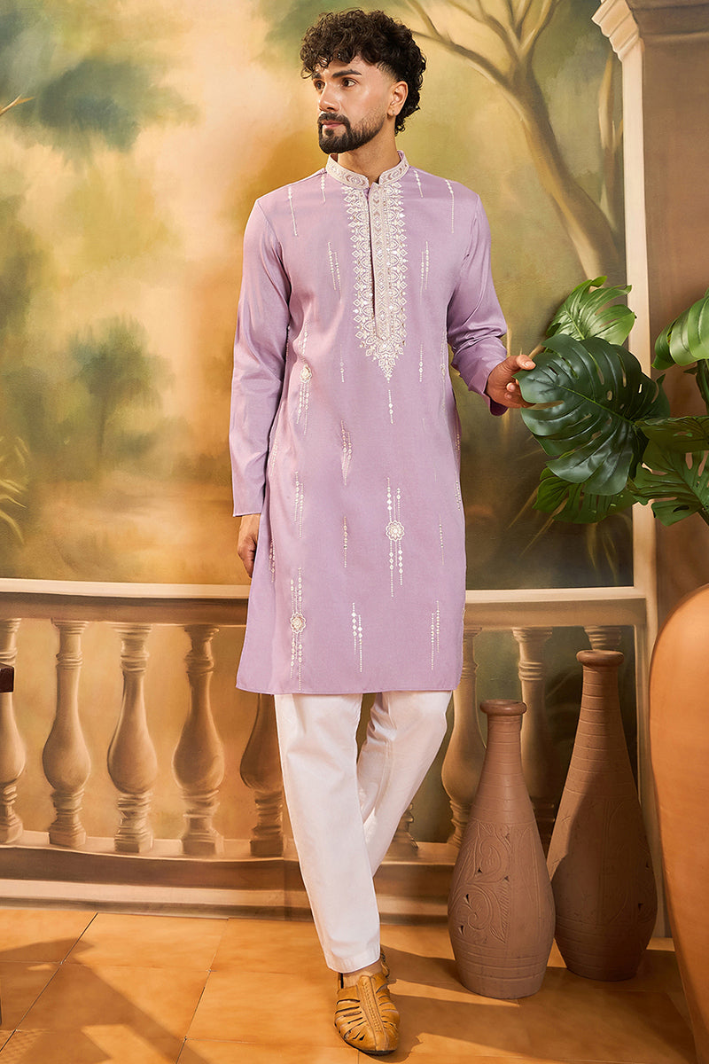 Lavender Silk Blend Solid Embroidered Straight Kurta | SHOBITAM