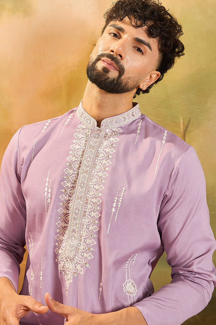 Lavender Silk Blend Solid Embroidered Straight Kurta | SHOBITAM