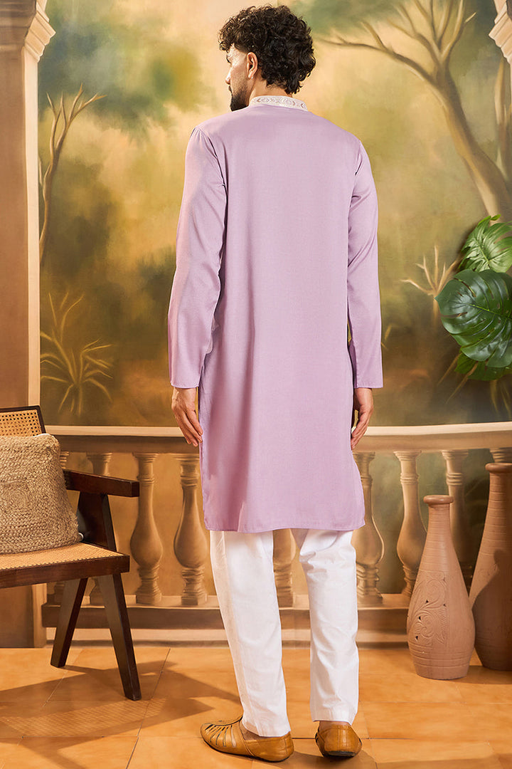Lavender Silk Blend Solid Embroidered Straight Kurta | SHOBITAM