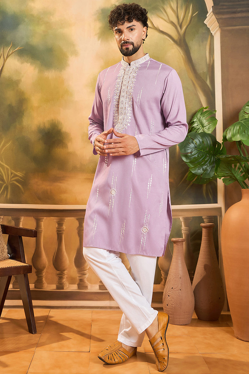 Lavender Silk Blend Solid Embroidered Straight Kurta | SHOBITAM