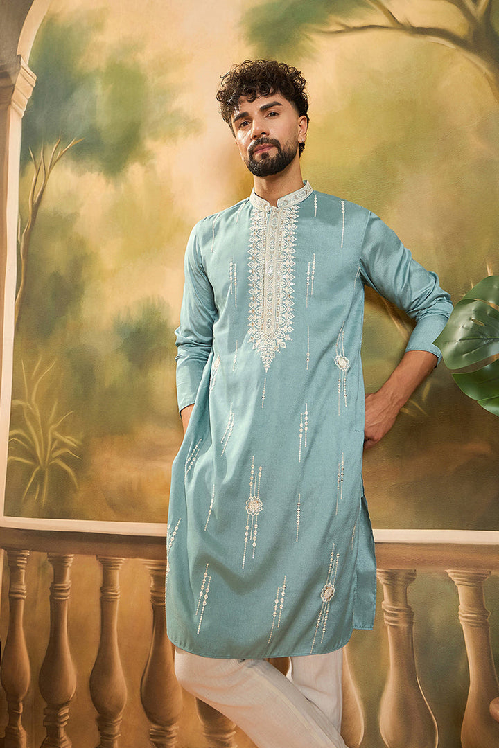 Blue Silk Blend Solid Embroidered Straight Kurta | SHOBITAM