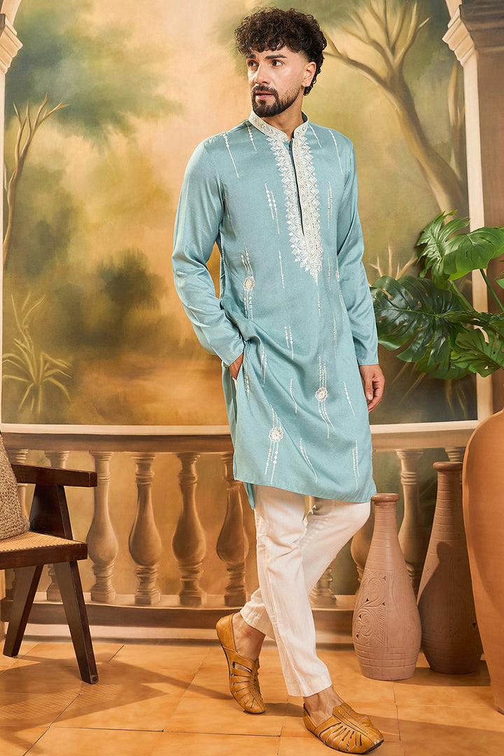 Blue Silk Blend Solid Embroidered Straight Kurta | SHOBITAM