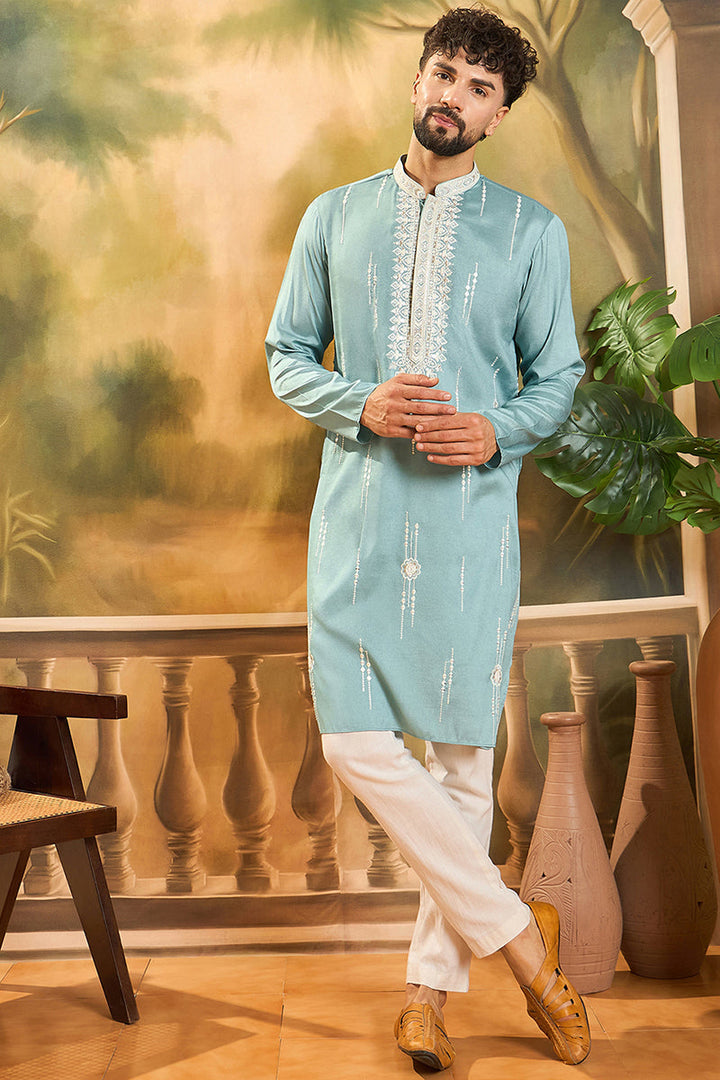 Blue Silk Blend Solid Embroidered Straight Kurta | SHOBITAM