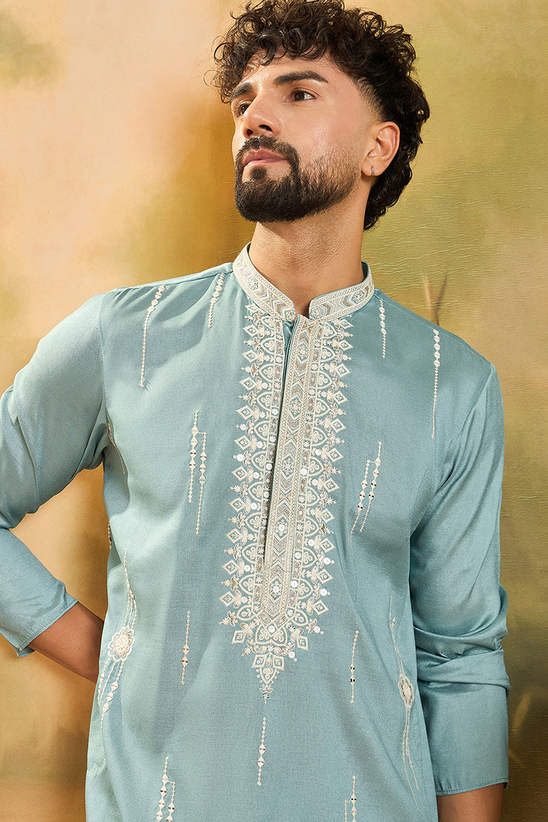Blue Silk Blend Solid Embroidered Straight Kurta | SHOBITAM