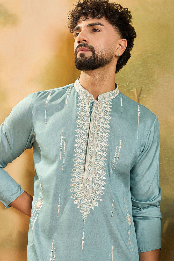 Blue Silk Blend Solid Embroidered Straight Kurta | SHOBITAM