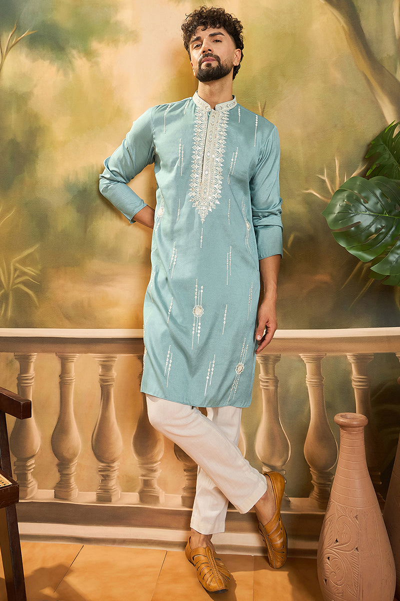 Blue Silk Blend Solid Embroidered Straight Kurta | SHOBITAM