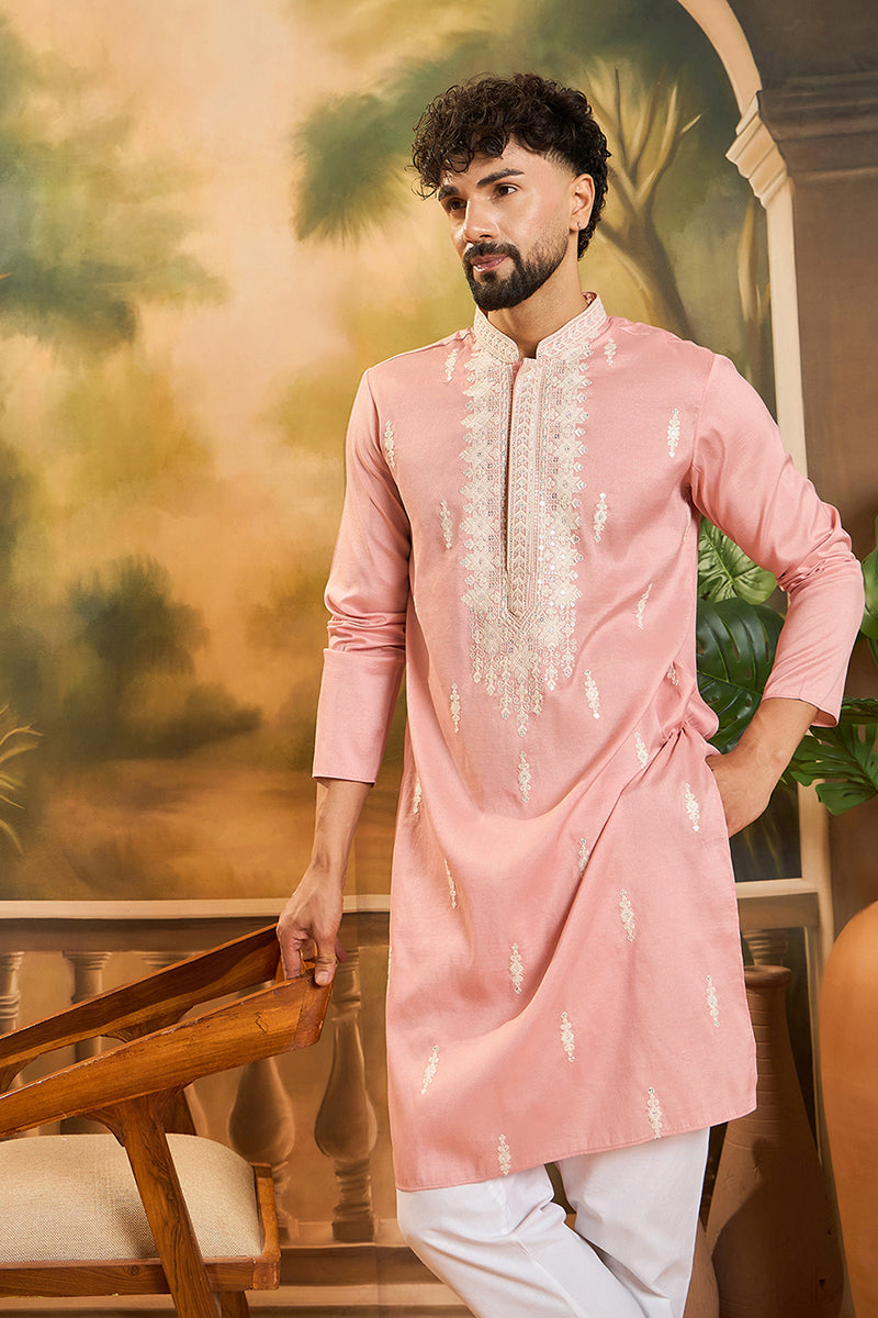 Peach Silk Blend Solid Embroidered Straight Kurta | SHOBITAM