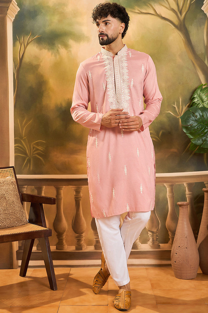 Peach Silk Blend Solid Embroidered Straight Kurta | SHOBITAM
