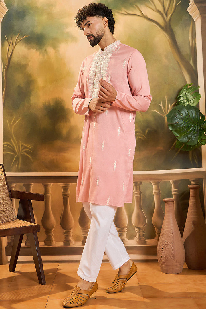 Peach Silk Blend Solid Embroidered Straight Kurta | SHOBITAM