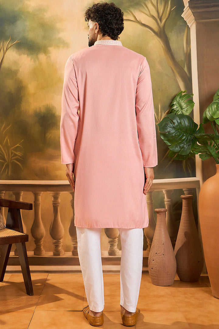 Peach Silk Blend Solid Embroidered Straight Kurta | SHOBITAM