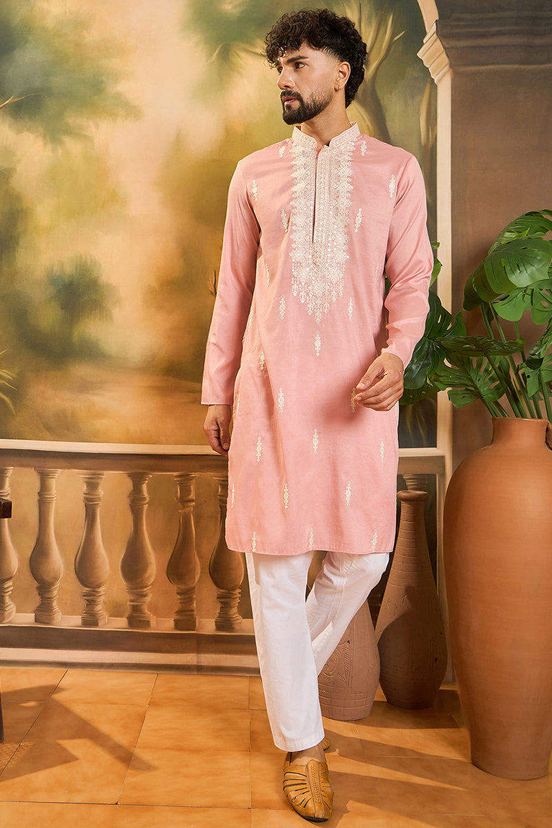 Peach Silk Blend Solid Embroidered Straight Kurta | SHOBITAM