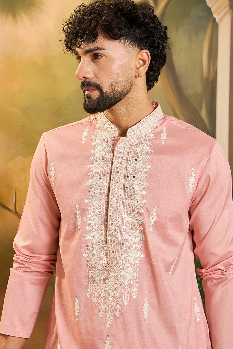 Peach Silk Blend Solid Embroidered Straight Kurta | SHOBITAM