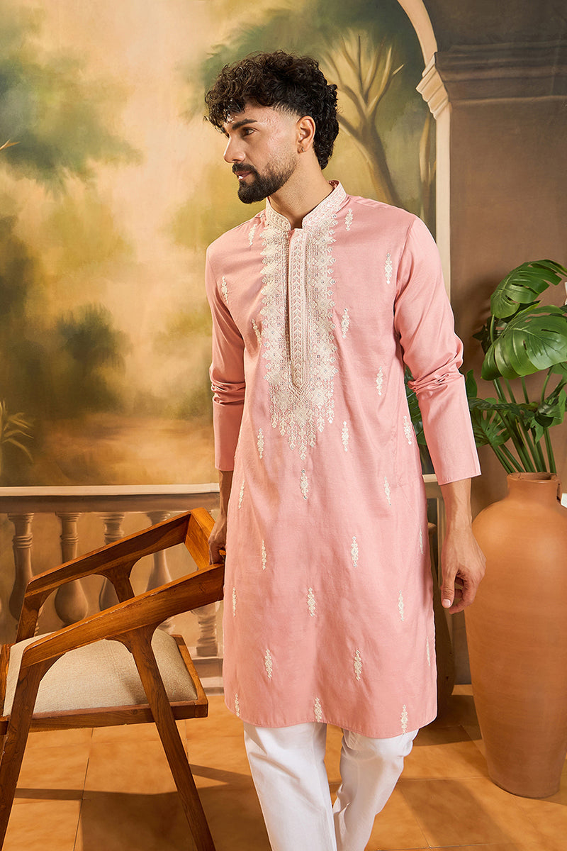 Peach Silk Blend Solid Embroidered Straight Kurta | SHOBITAM