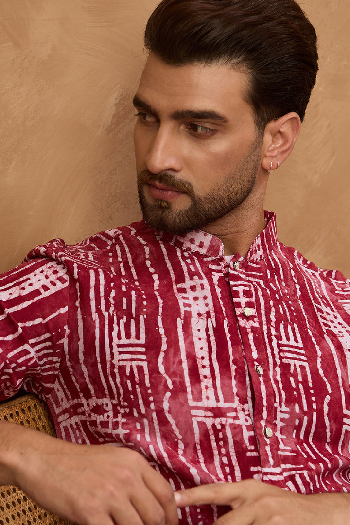 Red Viscose Rayon Batik Embroidered Straight Kurta With Pant Set | SHOBITAM