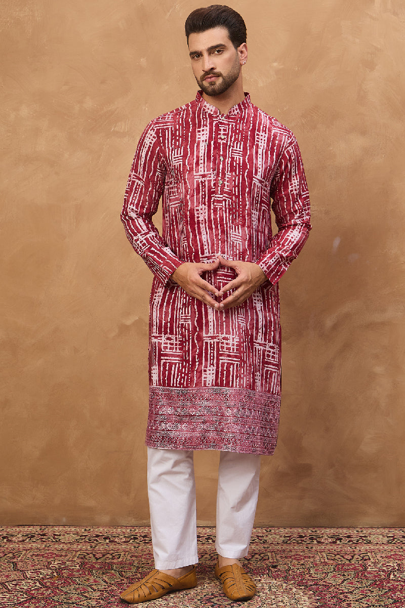 Red Viscose Rayon Batik Embroidered Straight Kurta With Pant Set | SHOBITAM