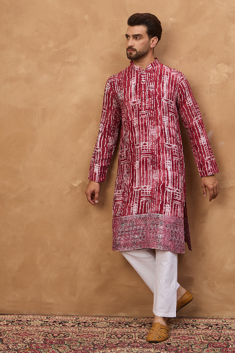 Red Viscose Rayon Batik Embroidered Straight Kurta With Pant Set | SHOBITAM