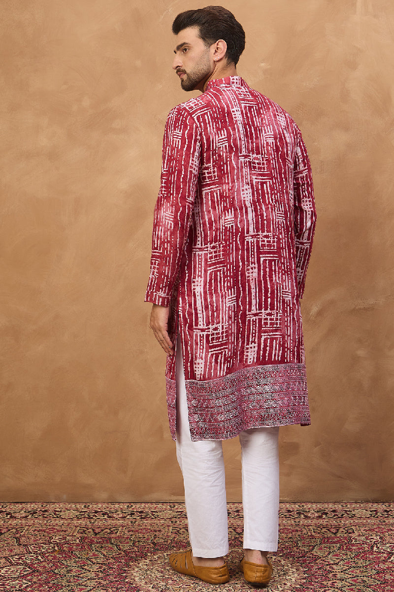 Red Viscose Rayon Batik Embroidered Straight Kurta With Pant Set | SHOBITAM