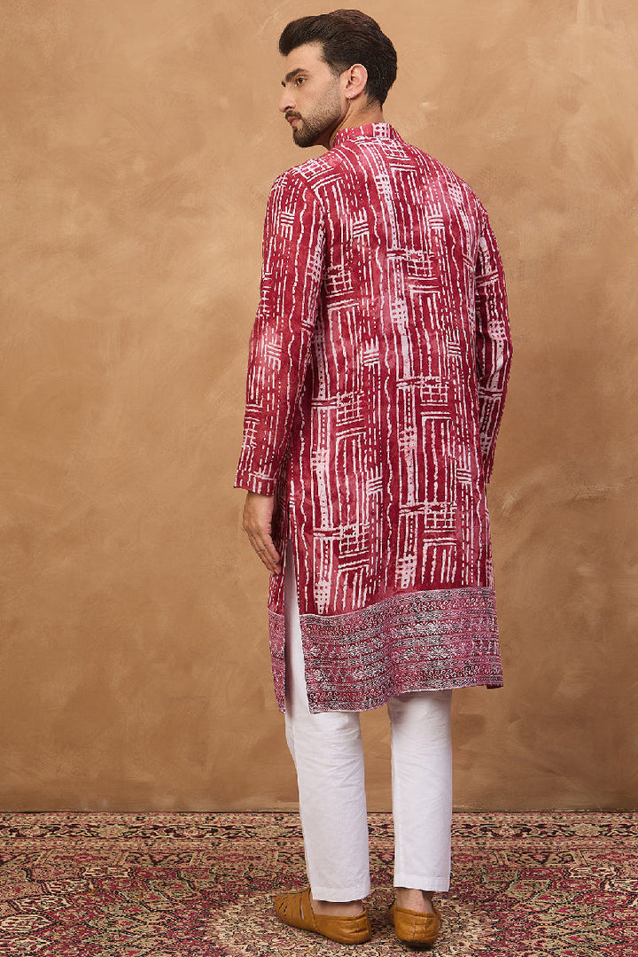 Red Viscose Rayon Batik Embroidered Straight Kurta With Pant Set | SHOBITAM