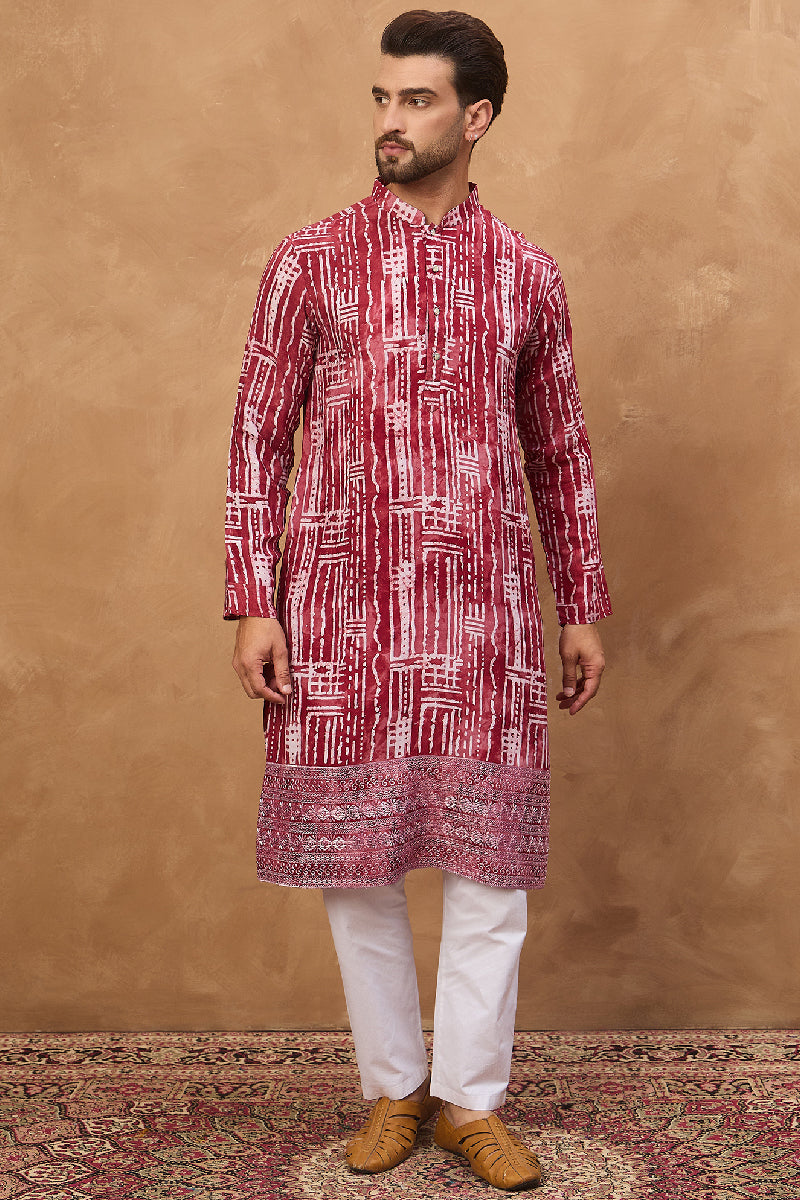 Red Viscose Rayon Batik Embroidered Straight Kurta With Pant Set | SHOBITAM
