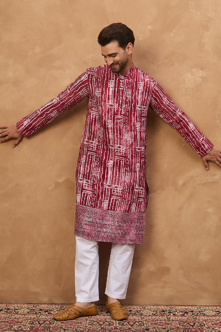 Red Viscose Rayon Batik Embroidered Straight Kurta With Pant Set | SHOBITAM