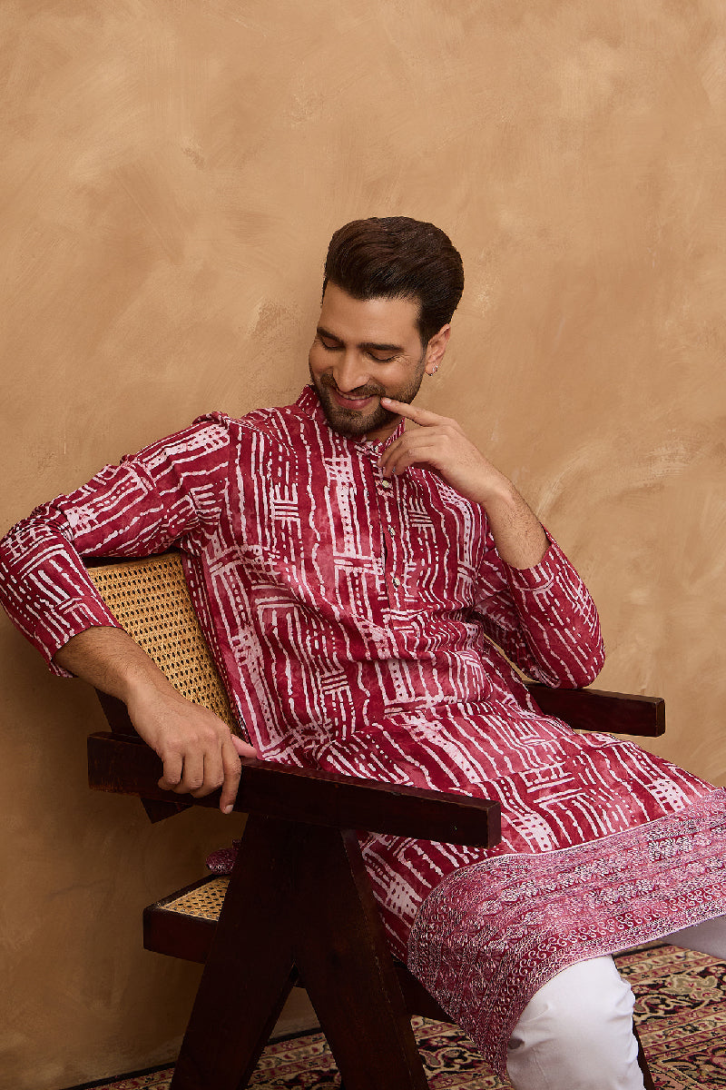 Red Viscose Rayon Batik Embroidered Straight Kurta With Pant Set | SHOBITAM