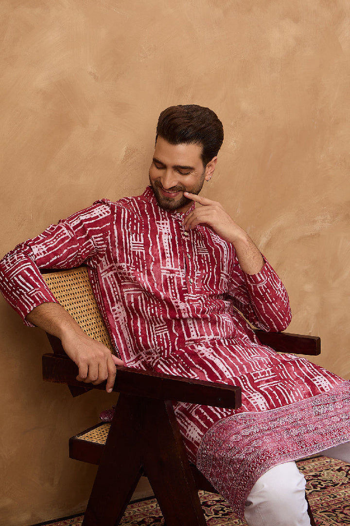 Red Viscose Rayon Batik Embroidered Straight Kurta With Pant Set | SHOBITAM
