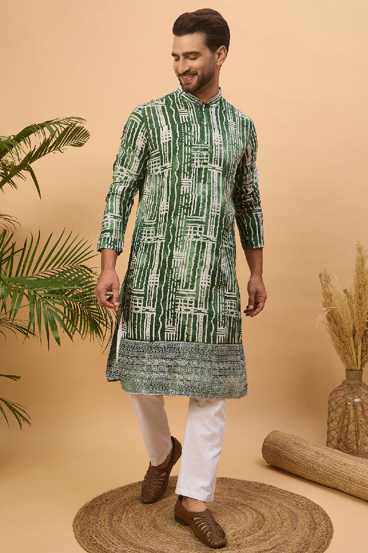 Green Viscose Rayon Batik Embroidered Straight Kurta With Pant Set | SHOBITAM