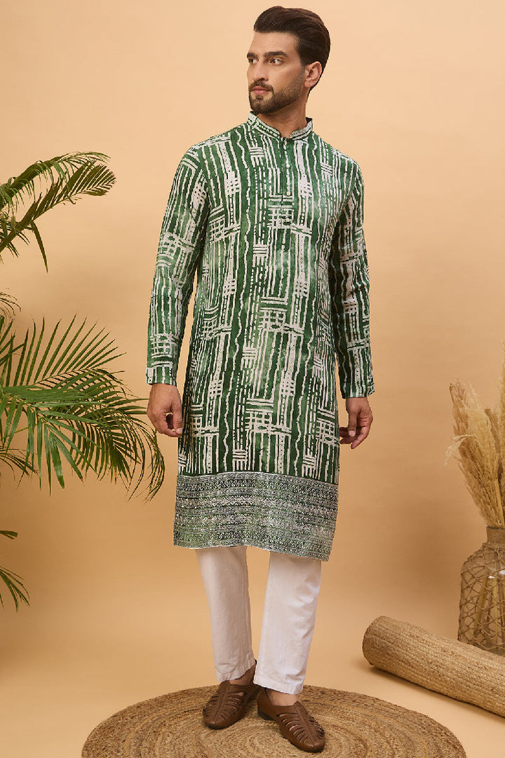 Green Viscose Rayon Batik Embroidered Straight Kurta With Pant Set | SHOBITAM