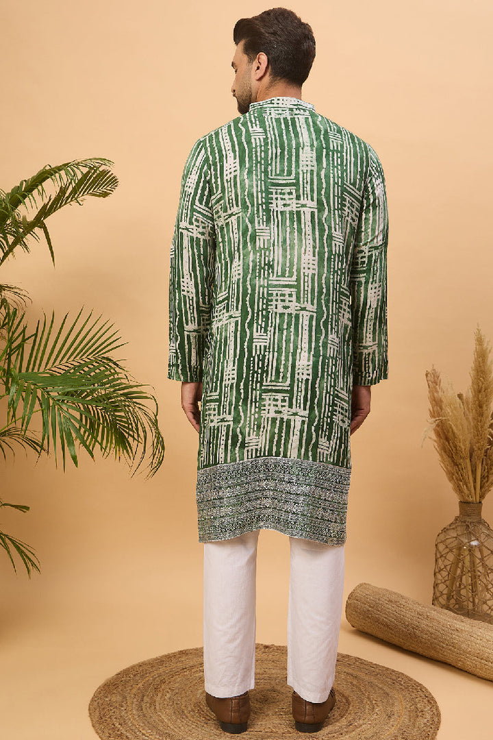 Green Viscose Rayon Batik Embroidered Straight Kurta With Pant Set | SHOBITAM