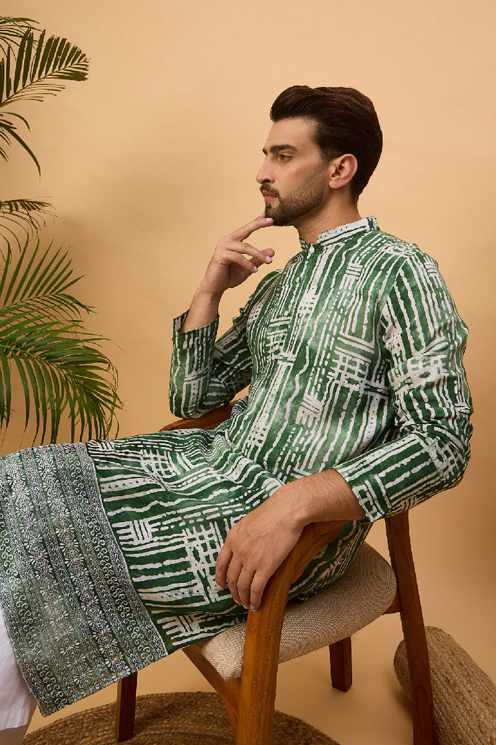 Green Viscose Rayon Batik Embroidered Straight Kurta With Pant Set | SHOBITAM
