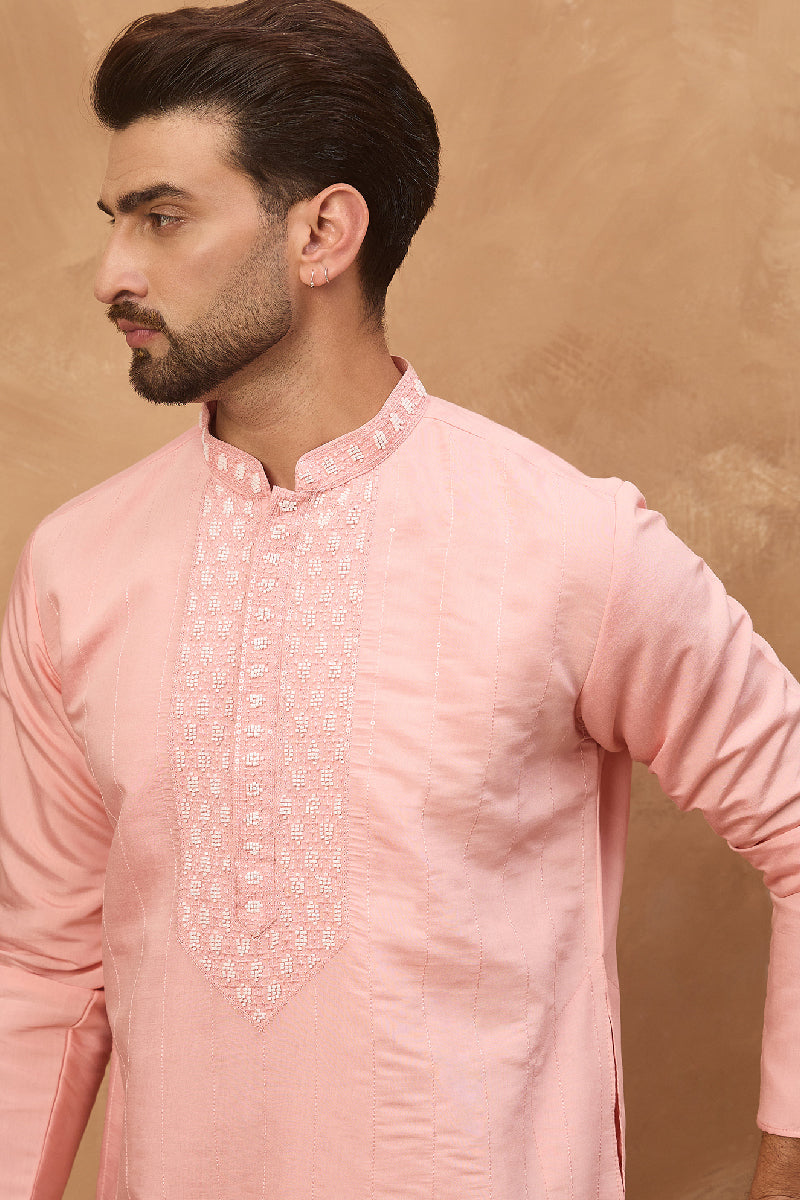 Peach Silk Blend Solid Solid Straight Kurta With Pant Set|SHOBITAM