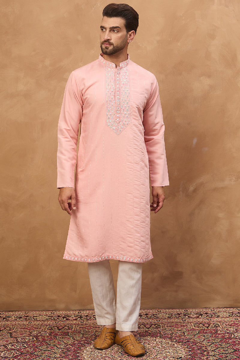 Peach Silk Blend Solid Solid Straight Kurta With Pant Set|SHOBITAM