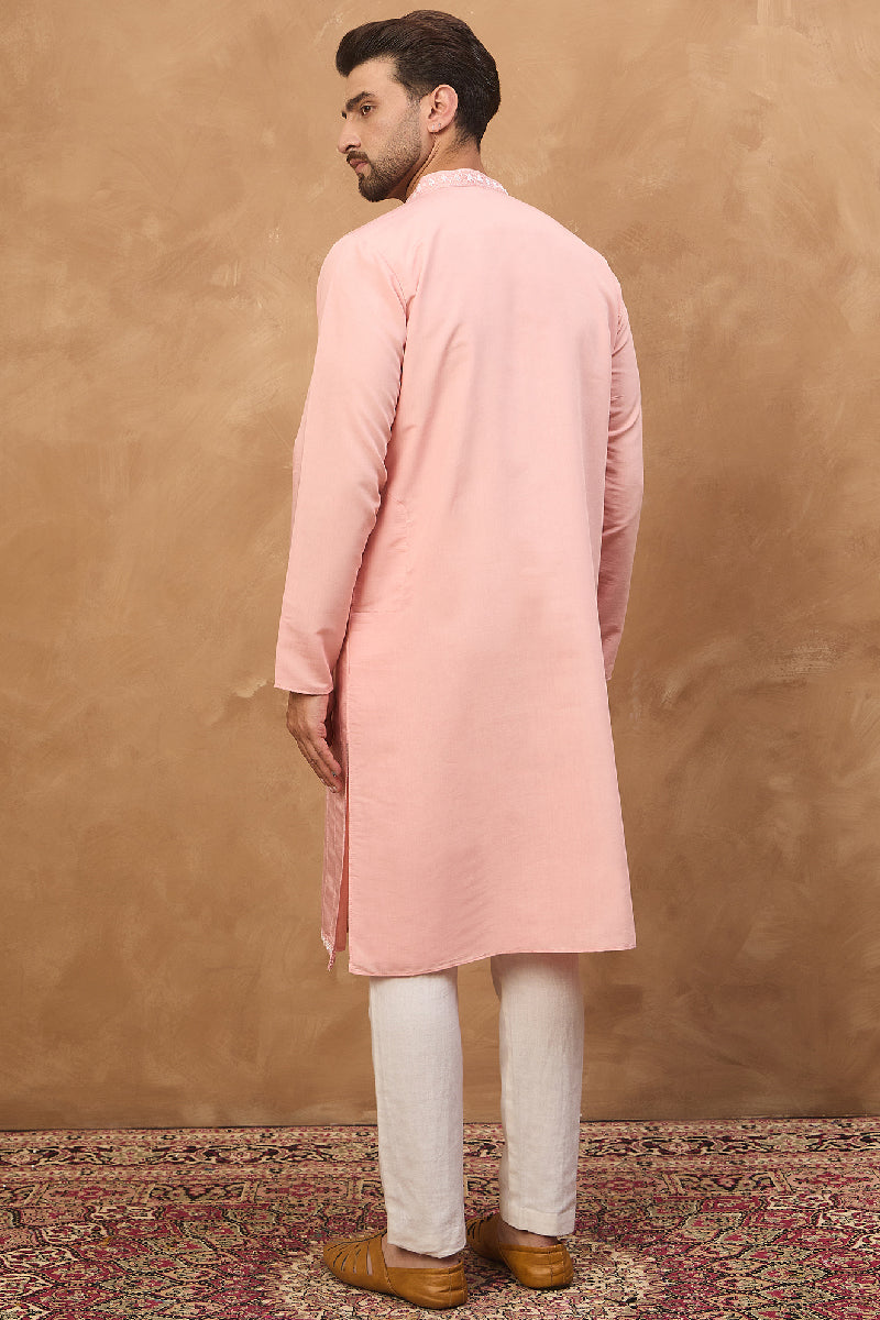 Peach Silk Blend Solid Solid Straight Kurta With Pant Set|SHOBITAM