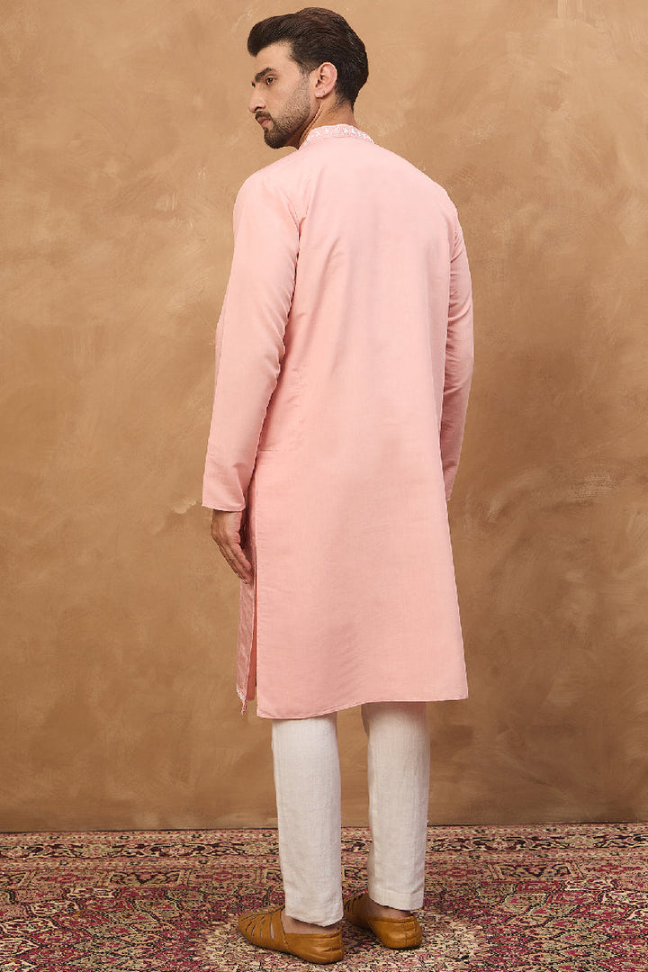 Peach Silk Blend Solid Solid Straight Kurta With Pant Set|SHOBITAM
